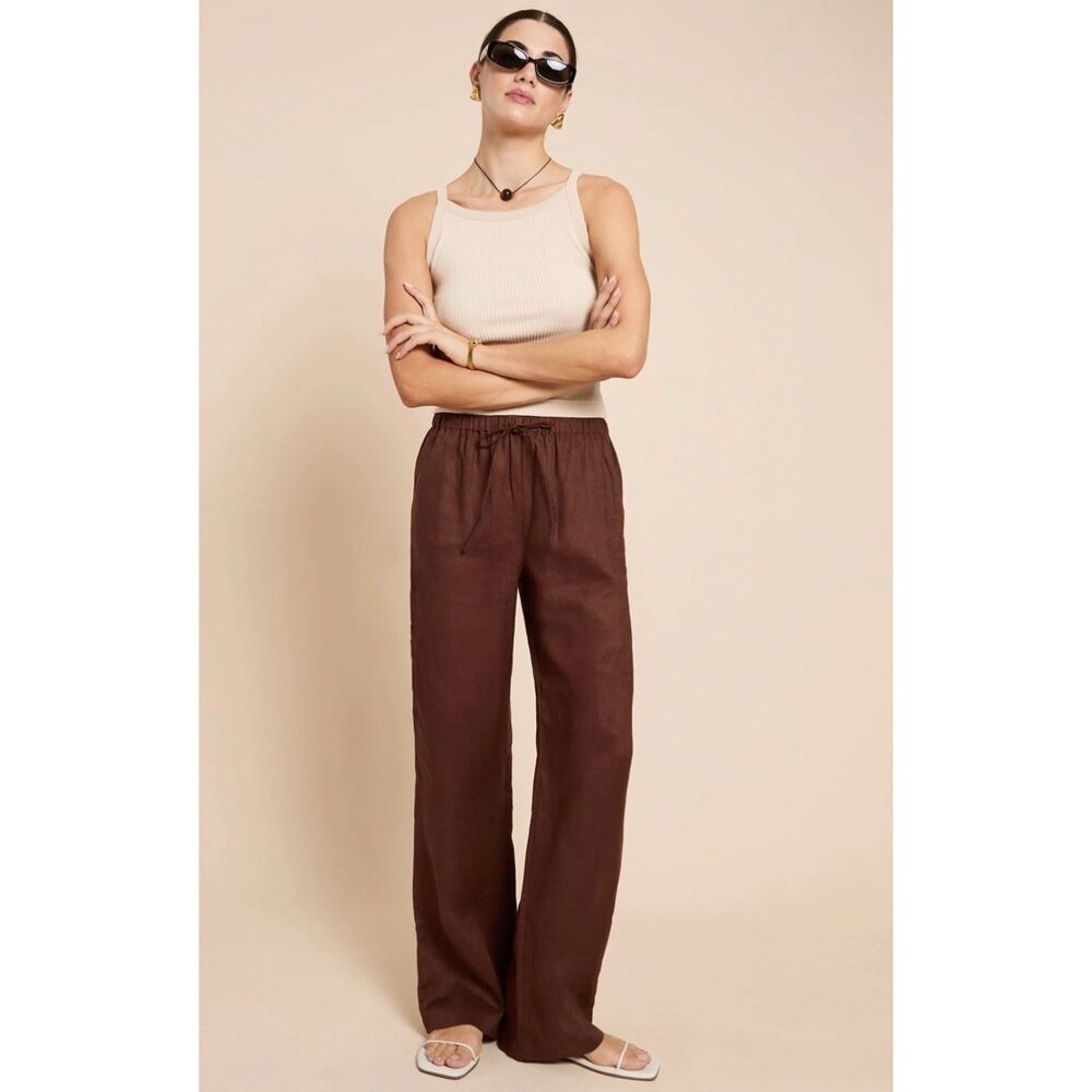 Few Moda x CAARA Paloma 100% Linen Pants Coffee Brown Women's XS NWT